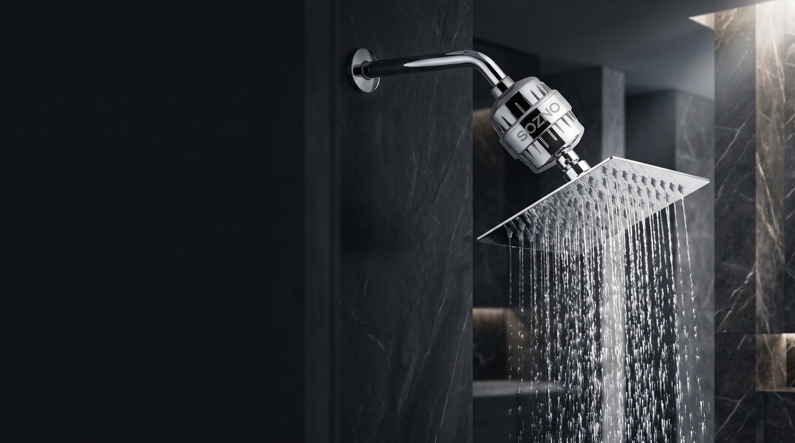 Sozno hard water shower filter installed in a modern luxury bathroom