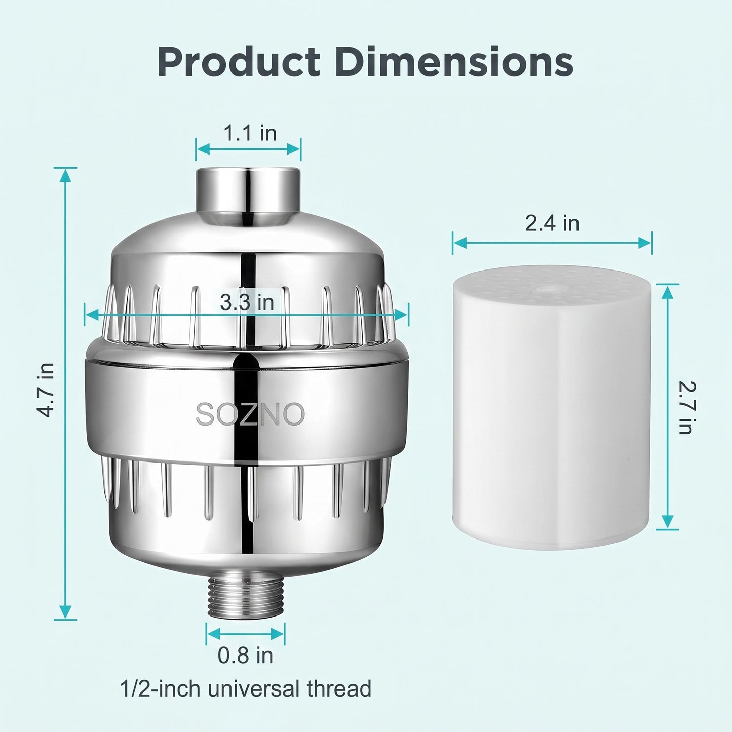 Sozno shower filter dimensions and 1/2-inch universal thread