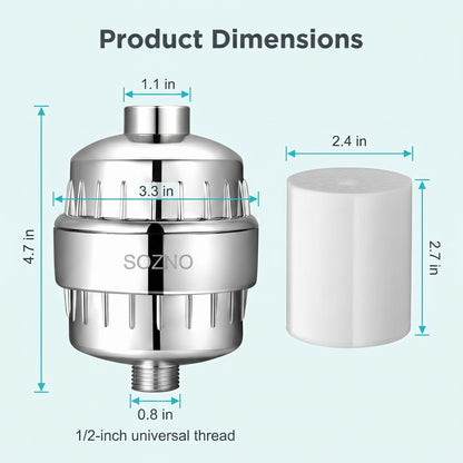 Sozno shower filter dimensions and 1/2-inch universal thread